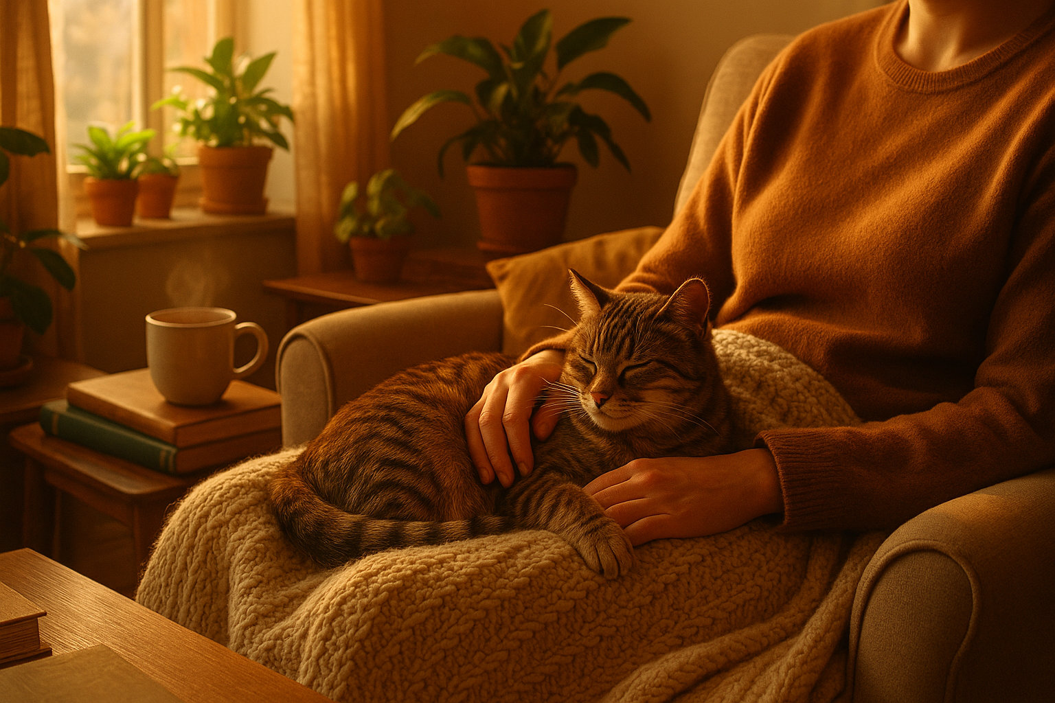 A warm, softly lit living room scene with a happy cat curled up comfortably in their owner’s lap, while cozy home details (blanket, plants, sunlight through the window) frame the moment.